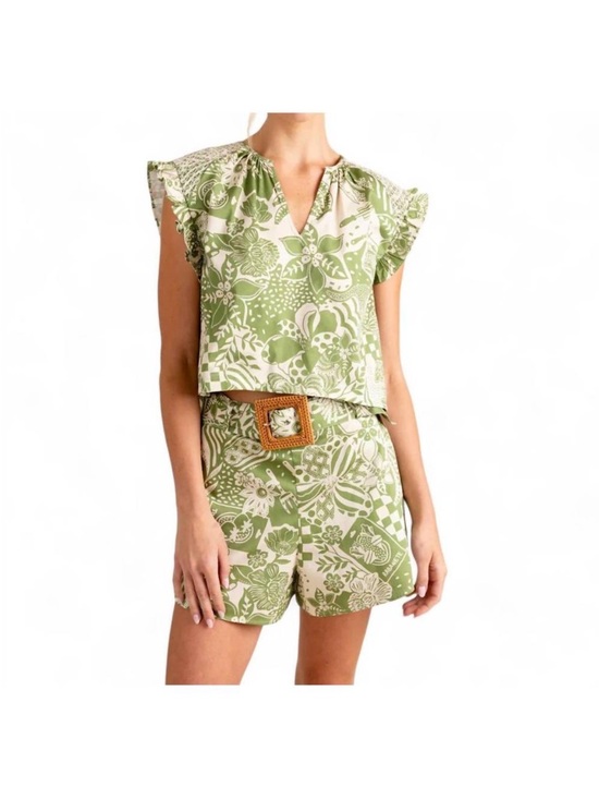Alden Adair Pants - Alden Adair Green/Cream Belted High Waisted Shorts Picnic Pattern Sz S